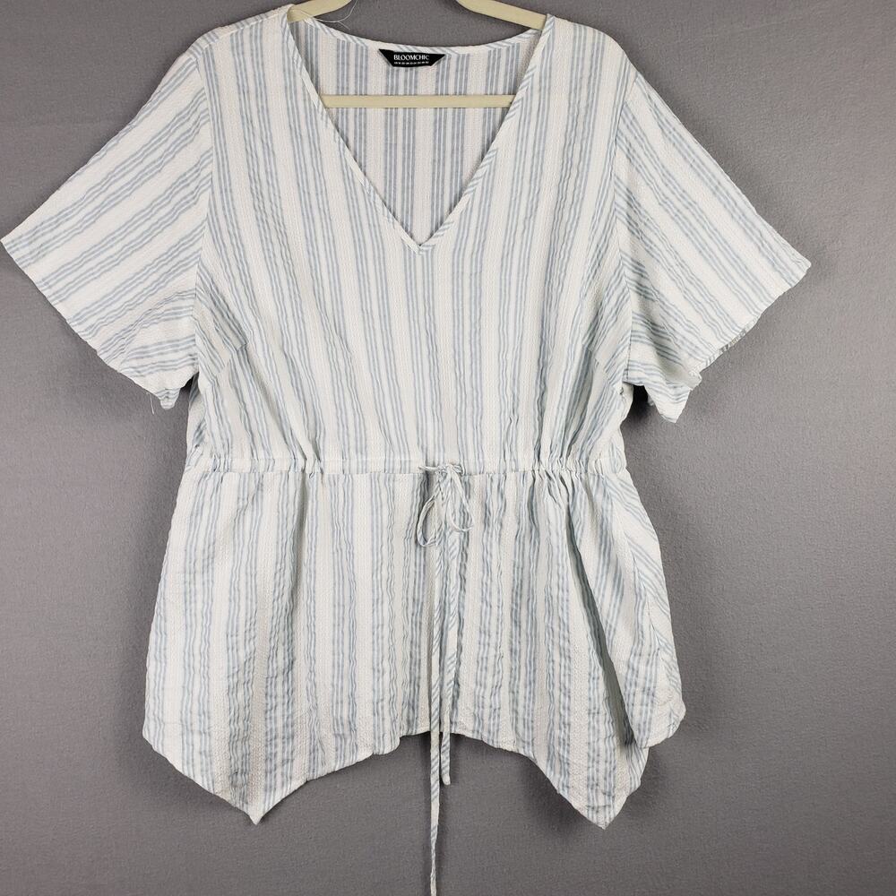 BloomChic Size 18/20 Tie Waist Babydoll Blouse‎ Blue Stripe Coastal Lagenlook